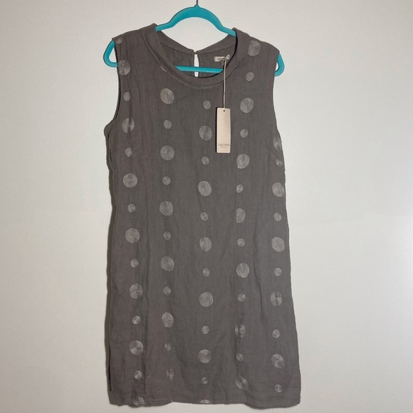 LINA TOMEI Italy 100% Italian Linen Sleeveless Embroidered Dress | Taupe | NWT - Picture 2 of 10